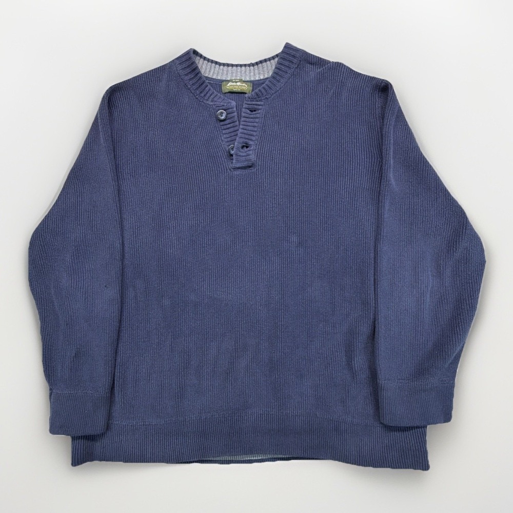 VTG Eddie Bauer Sweater Men XXL Navy Cotton Henley Knit Heavyweight Outdoor Core